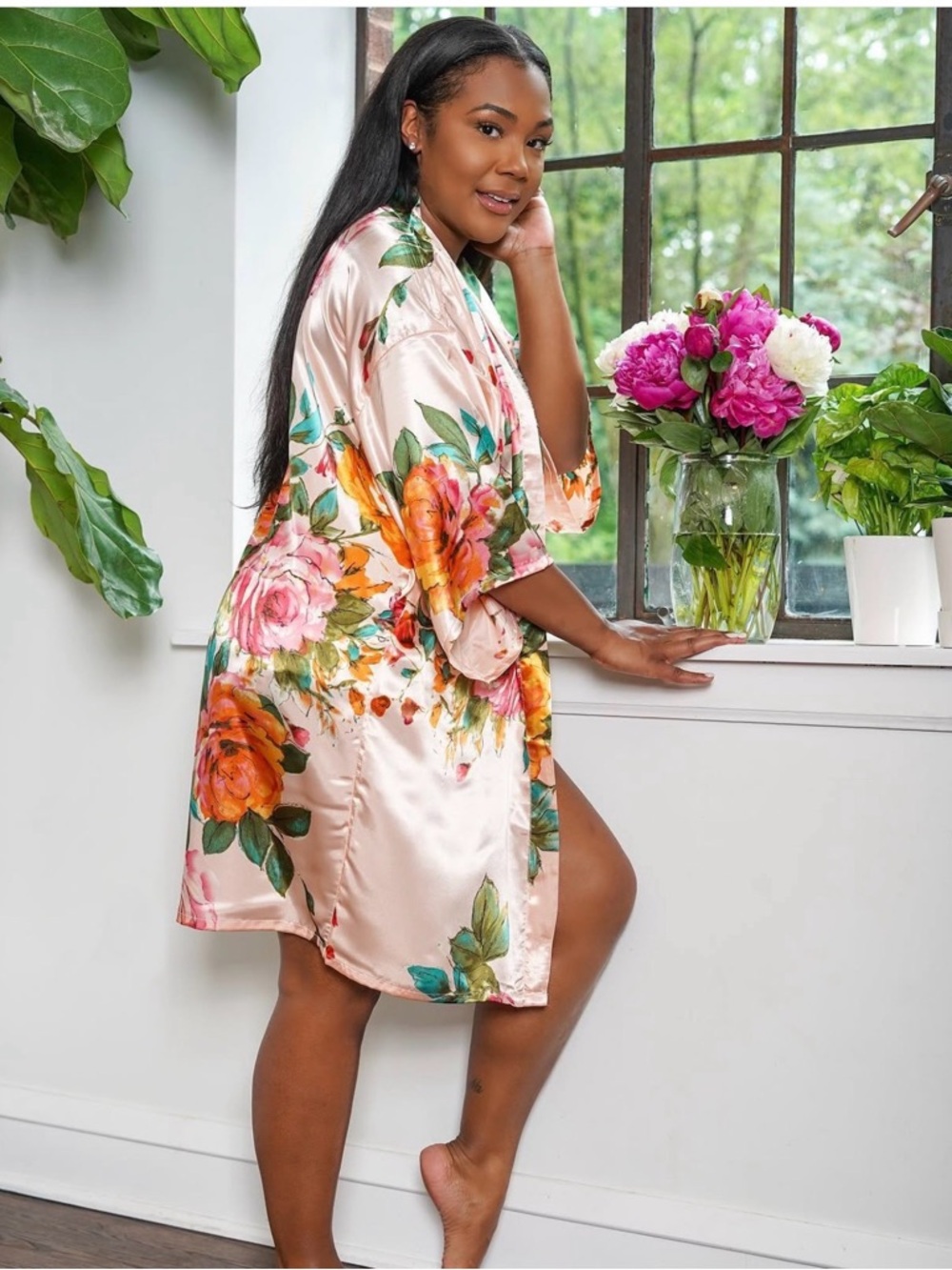EUC Purchased from @mamanj “Satin Feel🥰 Floral🌹Kimono Robe w/Belt” Peach🍑 XXL